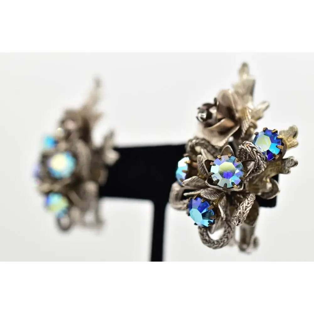 kramer Vintage Crystal Clip On Earrings AB Blue Prong Silver Floral 1950s BinBK